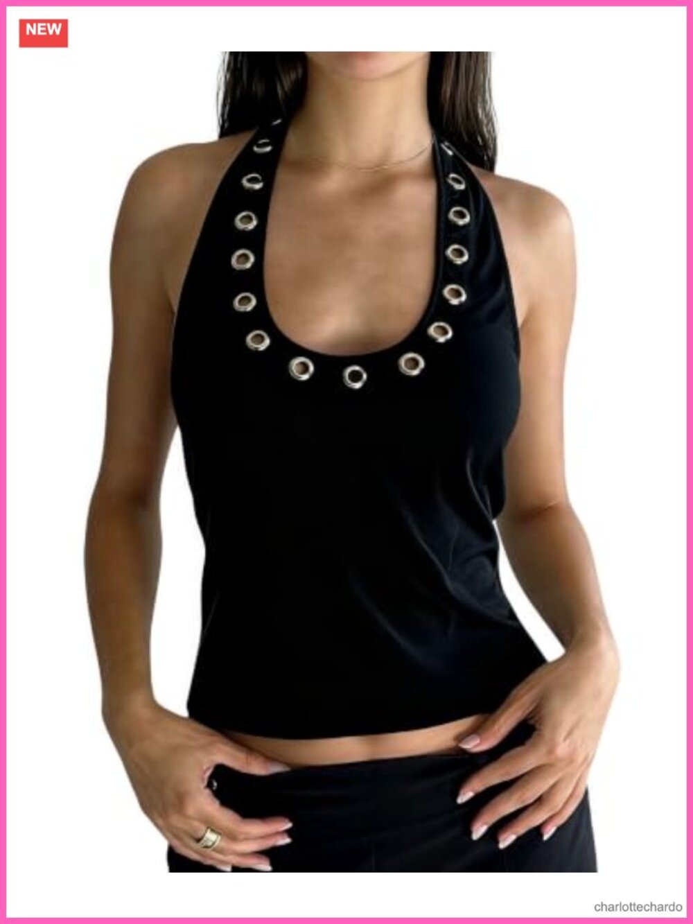 Studded Halter Top Open Back V Neck Grommet Y2k Sexy Club Party